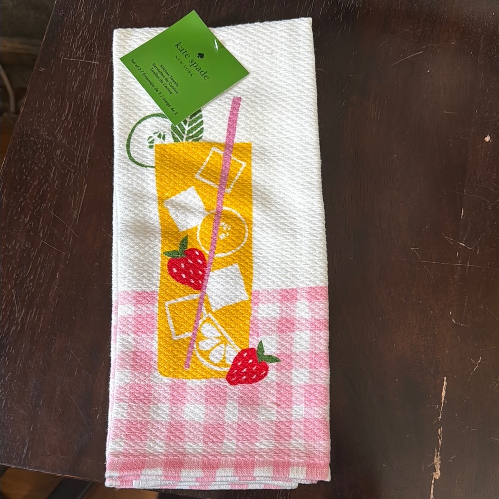 Kate Spade summer Drinks lWhite and Pink Kitchen Towel  One Set of Two